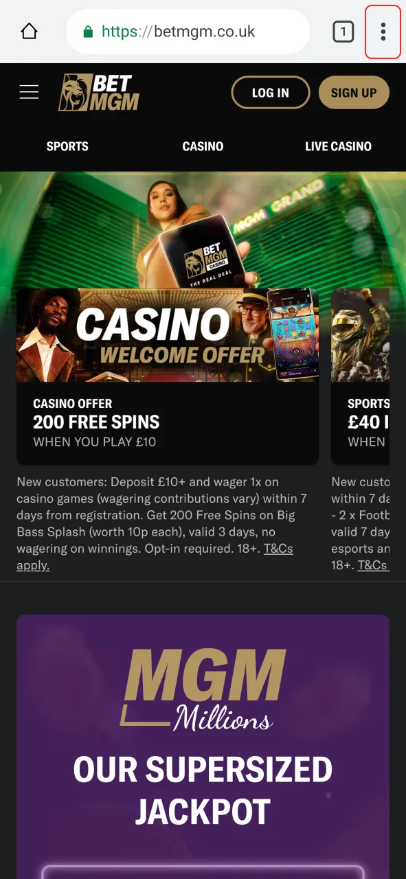 Tap the browser menu icon to continue with BetMGM.