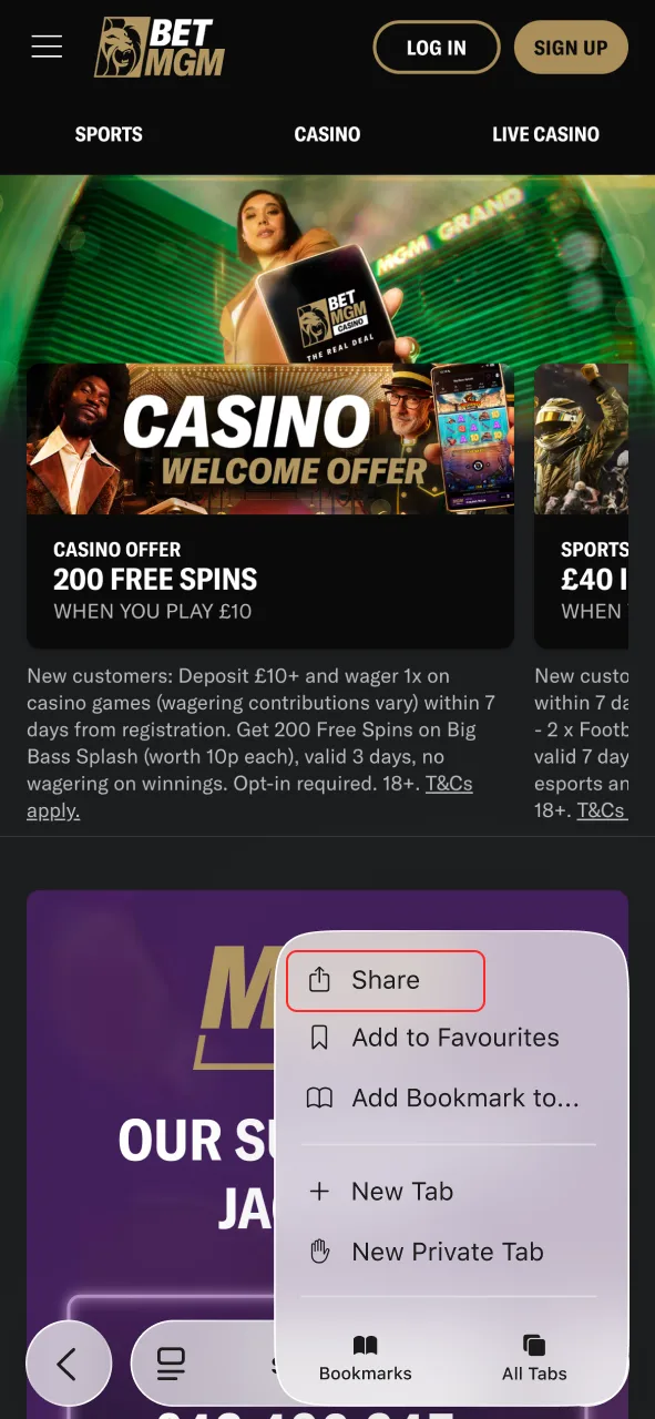 Tap the share icon at the bottom of your screen to setup BetMGM.