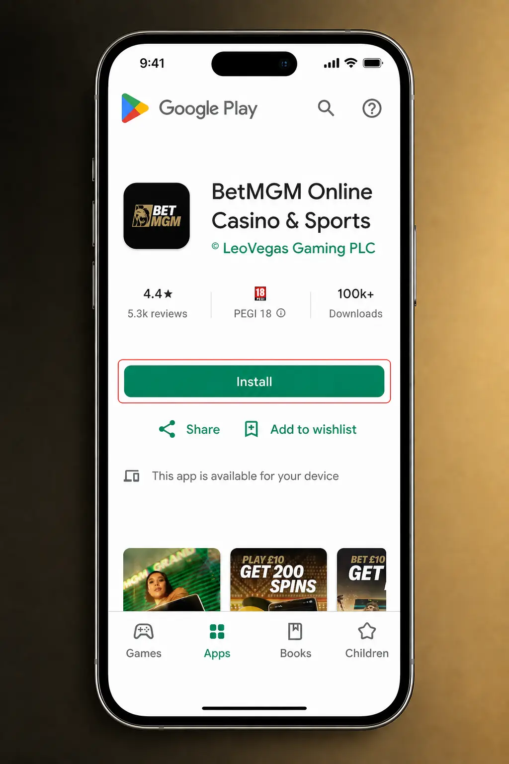 BetMGM app installation steps for Android via Progressive Web App in the UK browser menu